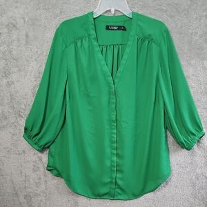 Ralph Lauren Vibrant Green Blouse 1X vneck 3/4 sleeve